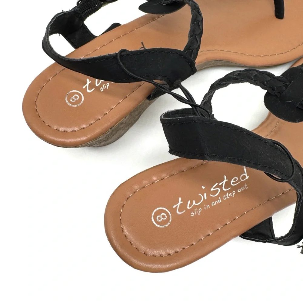 Twisted Riley T-strap Wedge Sandal Black Braided Thong Sandals Size 8